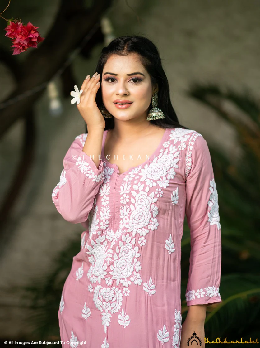 Champagne Safa Muslin Chikankari Straight Kurti - Image 4