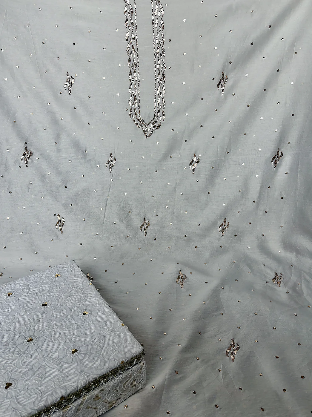 Chanderi Mens Un-stitched Chikankari Kurta - White - Image 3
