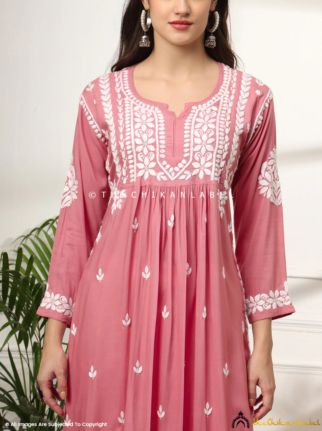 Aardhya Rayon Chikankari A-Line Kurti- Coral - Image 2