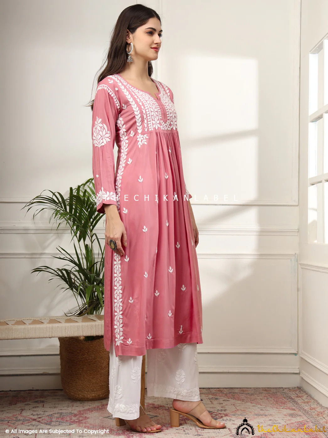 Aardhya Rayon Chikankari A-Line Kurti- Coral - Image 3