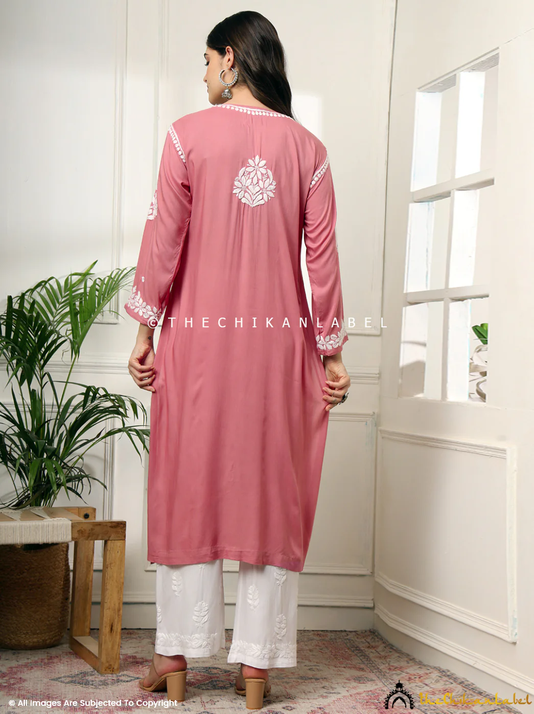 Aardhya Rayon Chikankari A-Line Kurti- Coral - Image 4