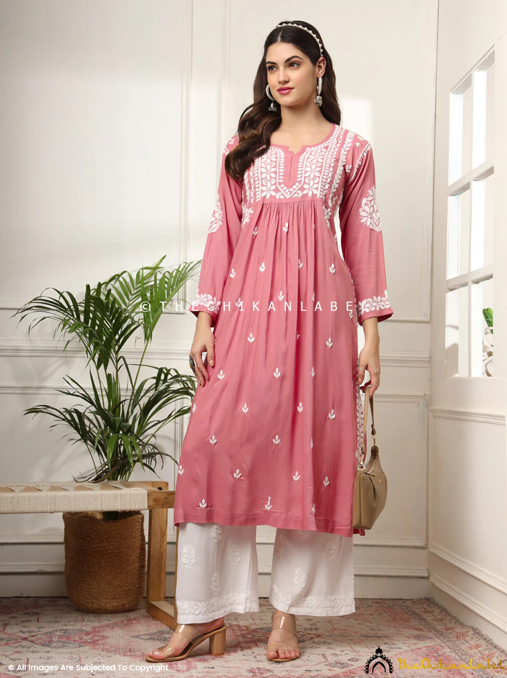 Aardhya Rayon Chikankari A-Line Kurti- Coral - Image 5