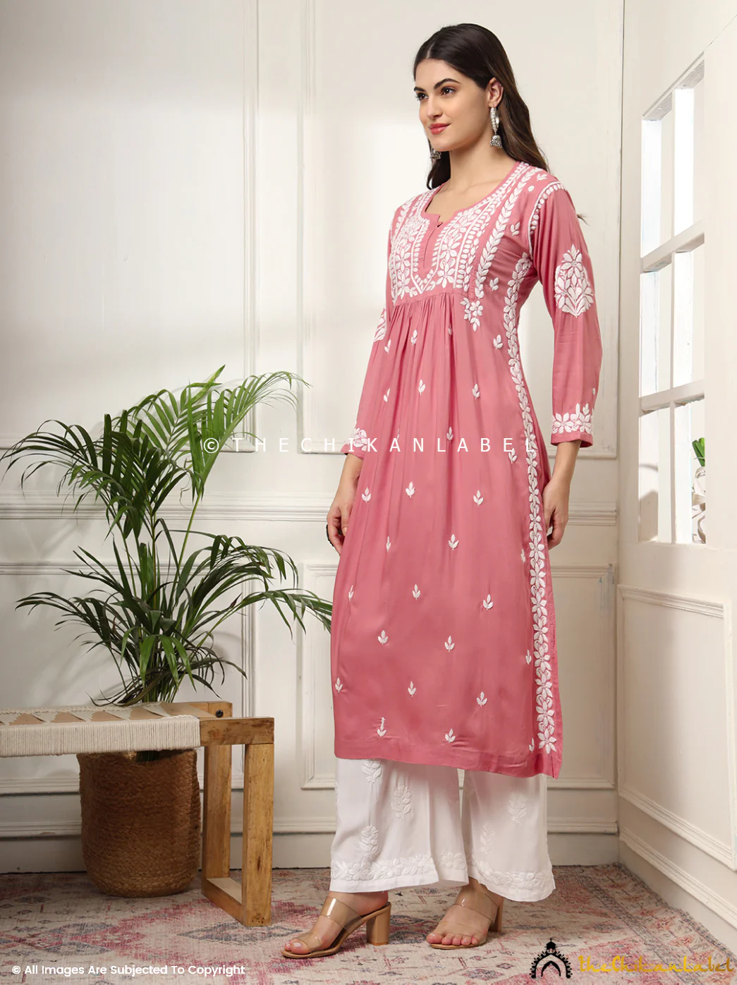 Aardhya Rayon Chikankari A-Line Kurti- Coral - Image 6