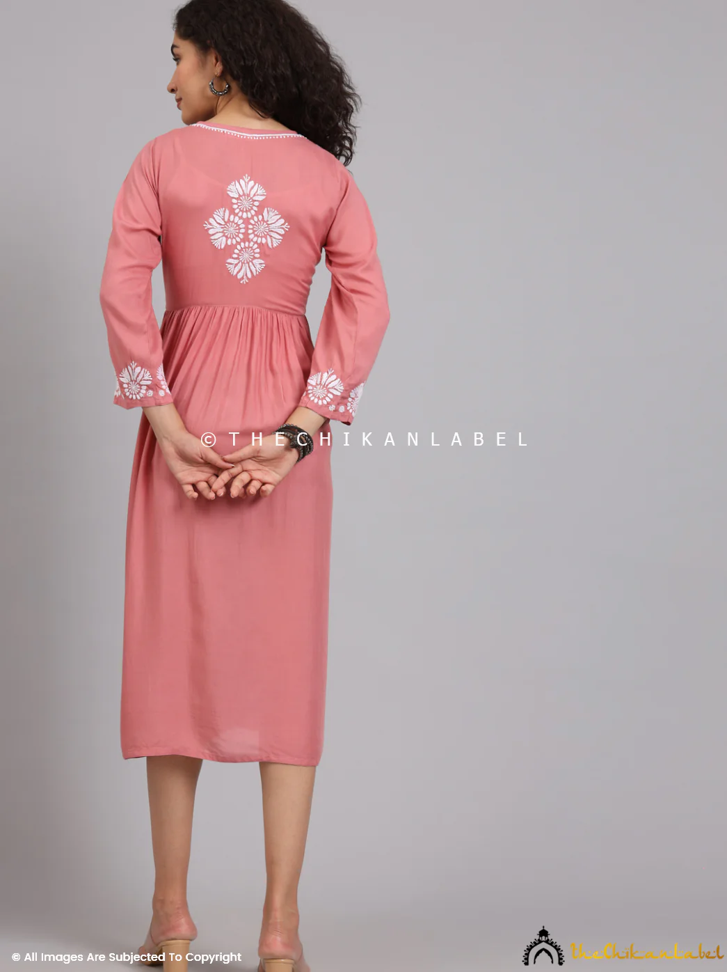 Aina Modal Chikankari Alia Cut A-Line Kurti-Coral - Image 3