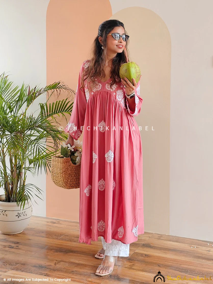 Aina Modal Chikankari Alia Cut A-Line Kurti-Coral - Image 4