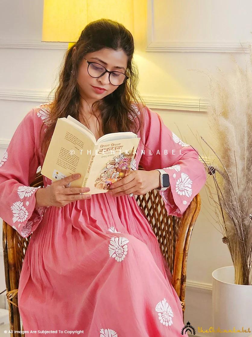 Aina Modal Chikankari Alia Cut A-Line Kurti-Coral - Image 5