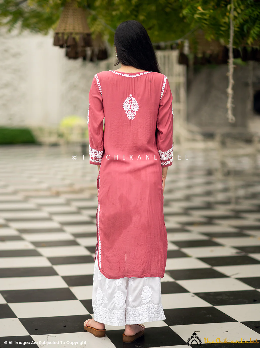 Amara Muslin Chikankari Straight Kurti - Coral - Image 3