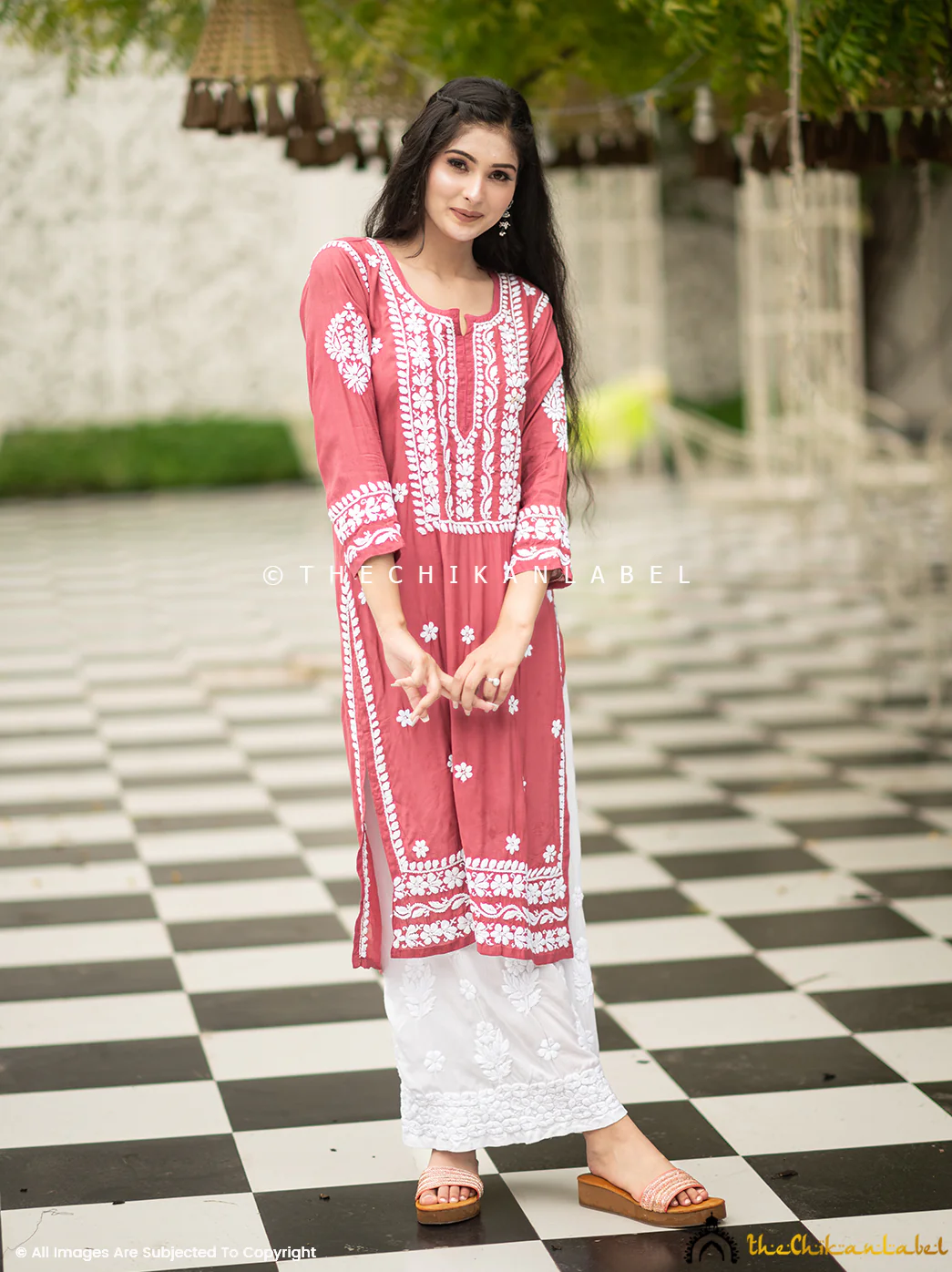 Amara Muslin Chikankari Straight Kurti - Coral - Image 4