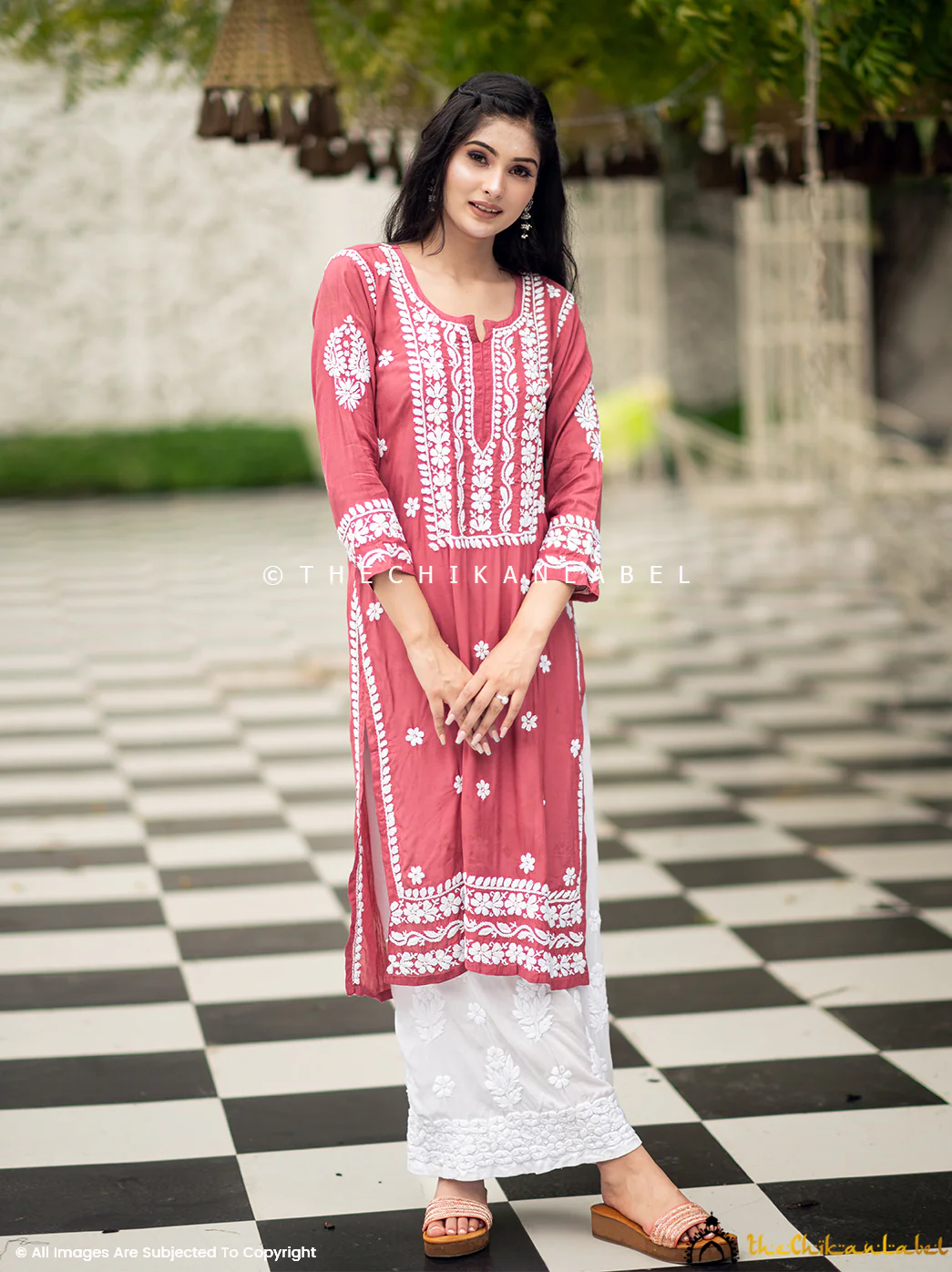 Amara Muslin Chikankari Straight Kurti - Coral - Image 5