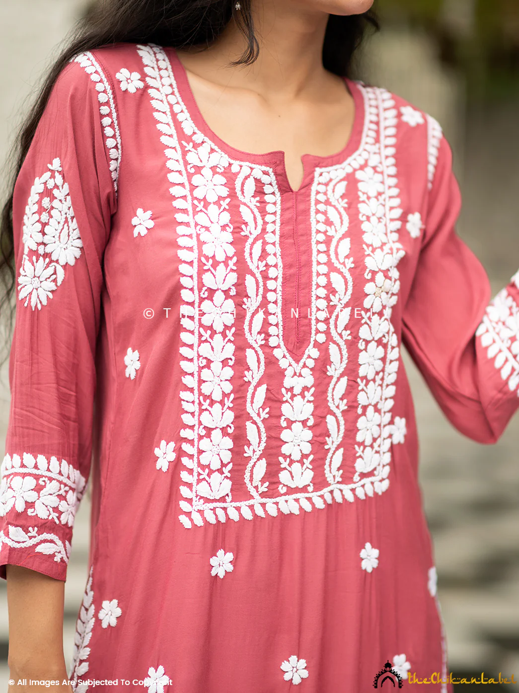 Amara Muslin Chikankari Straight Kurti - Coral - Image 6