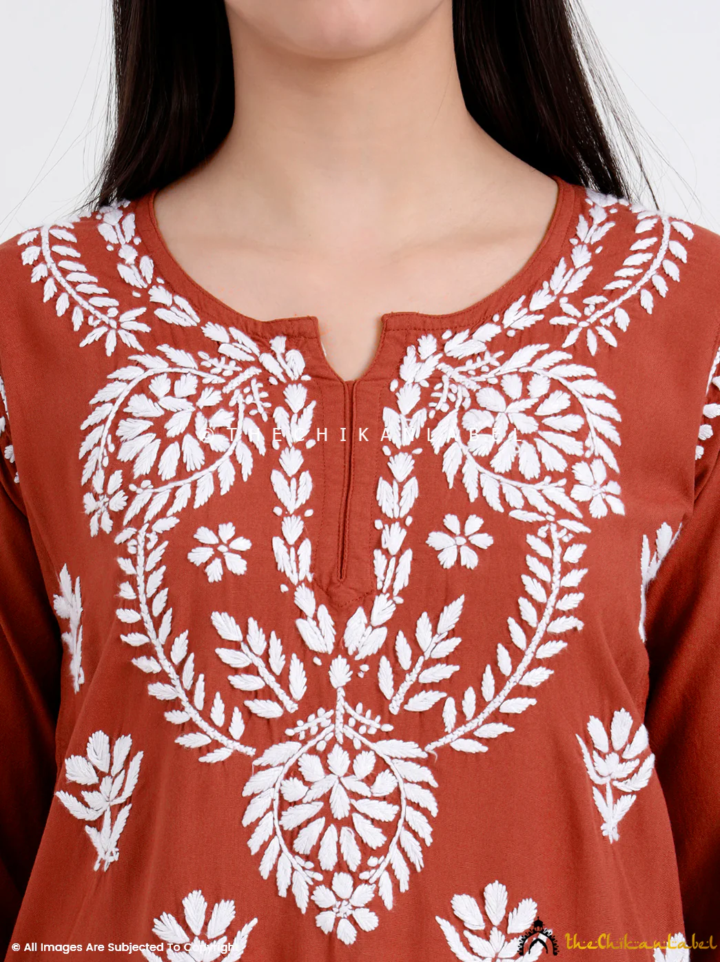 Chahat Rayon Chikankari Short Top - Coral - Image 2