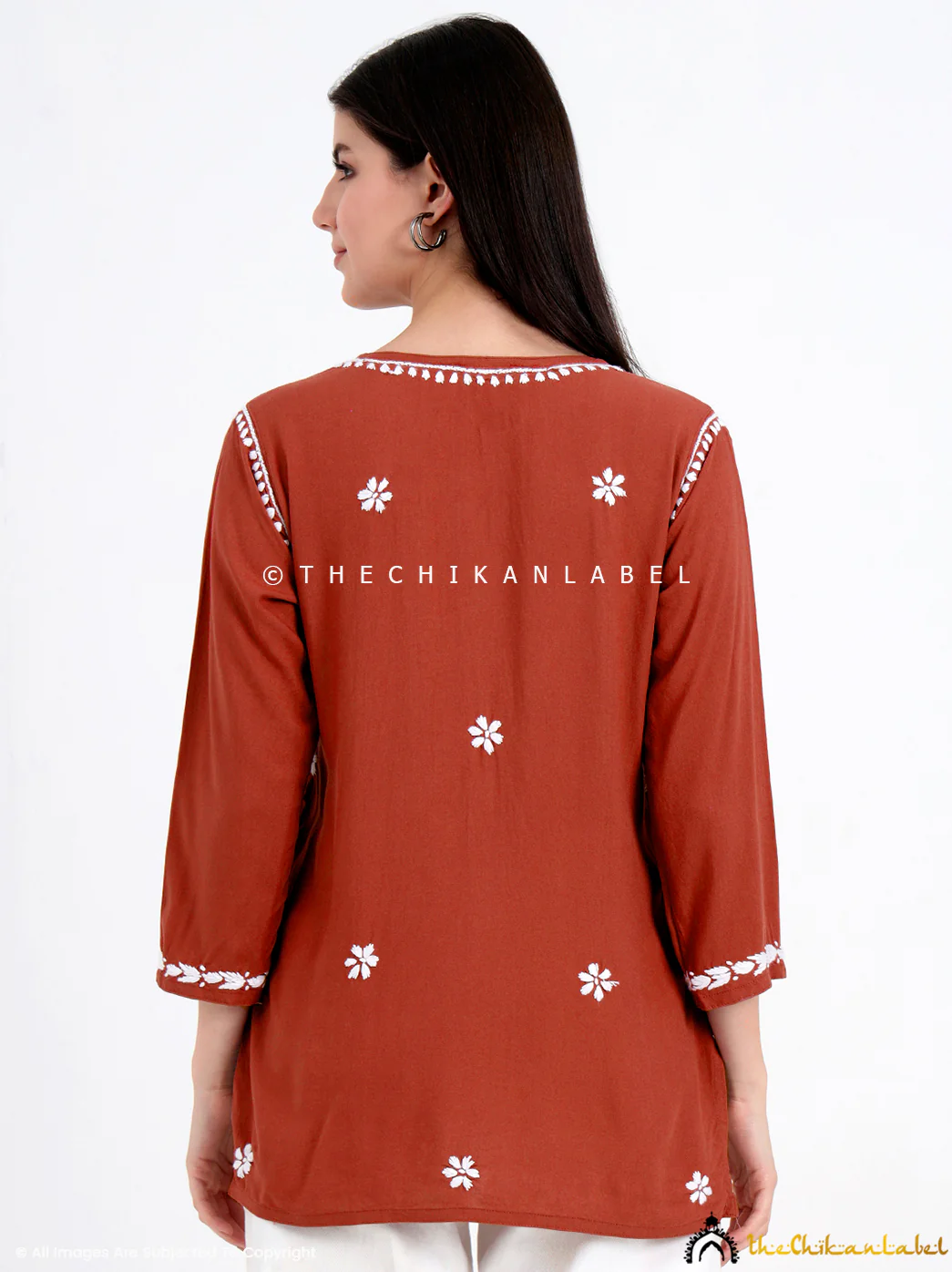 Chahat Rayon Chikankari Short Top - Coral - Image 3