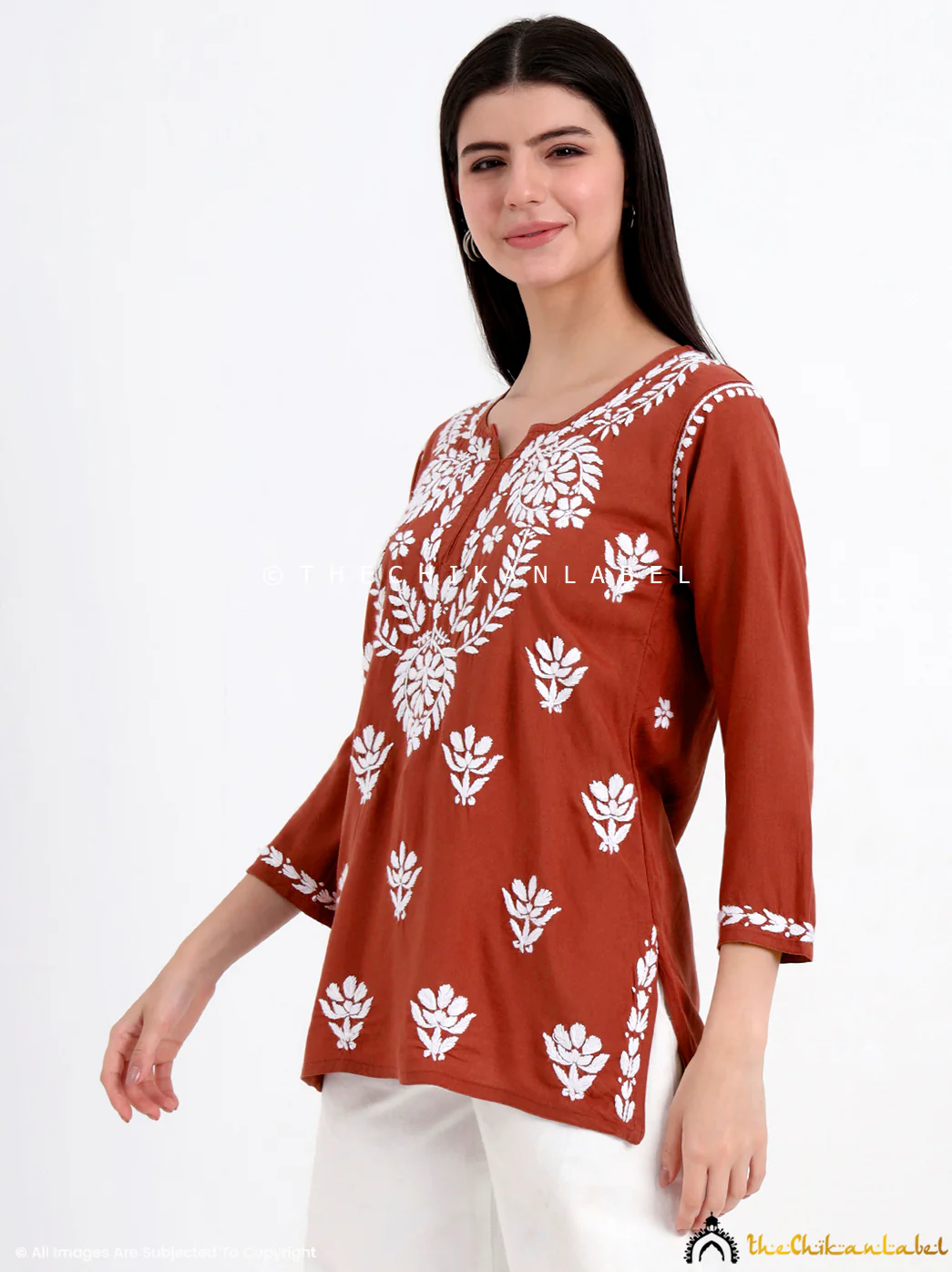 Chahat Rayon Chikankari Short Top - Coral - Image 4