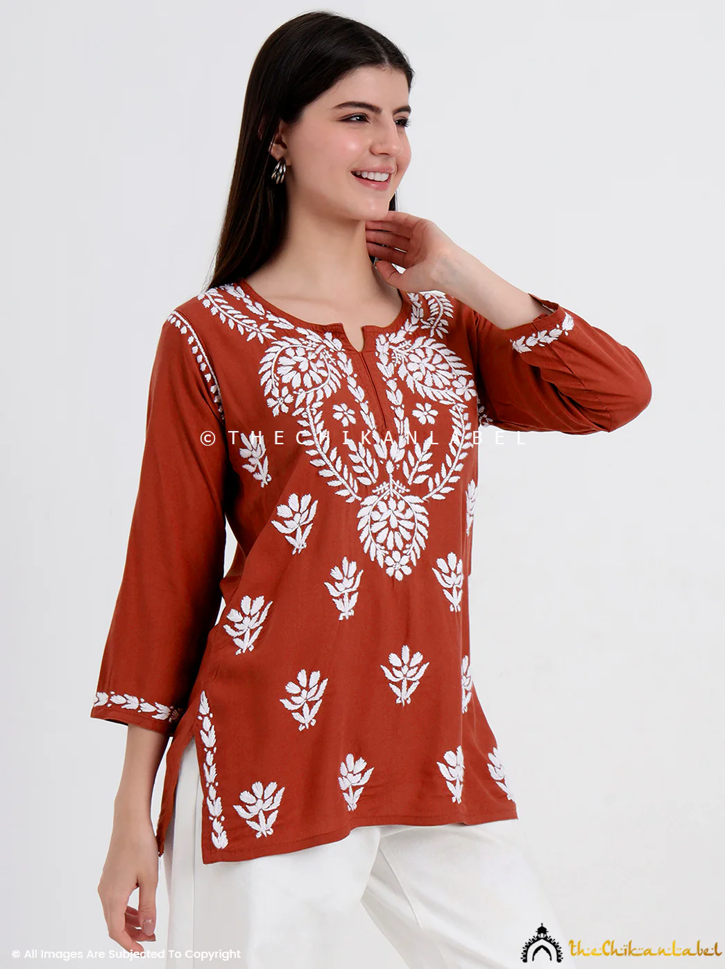 Chahat Rayon Chikankari Short Top - Coral - Image 5