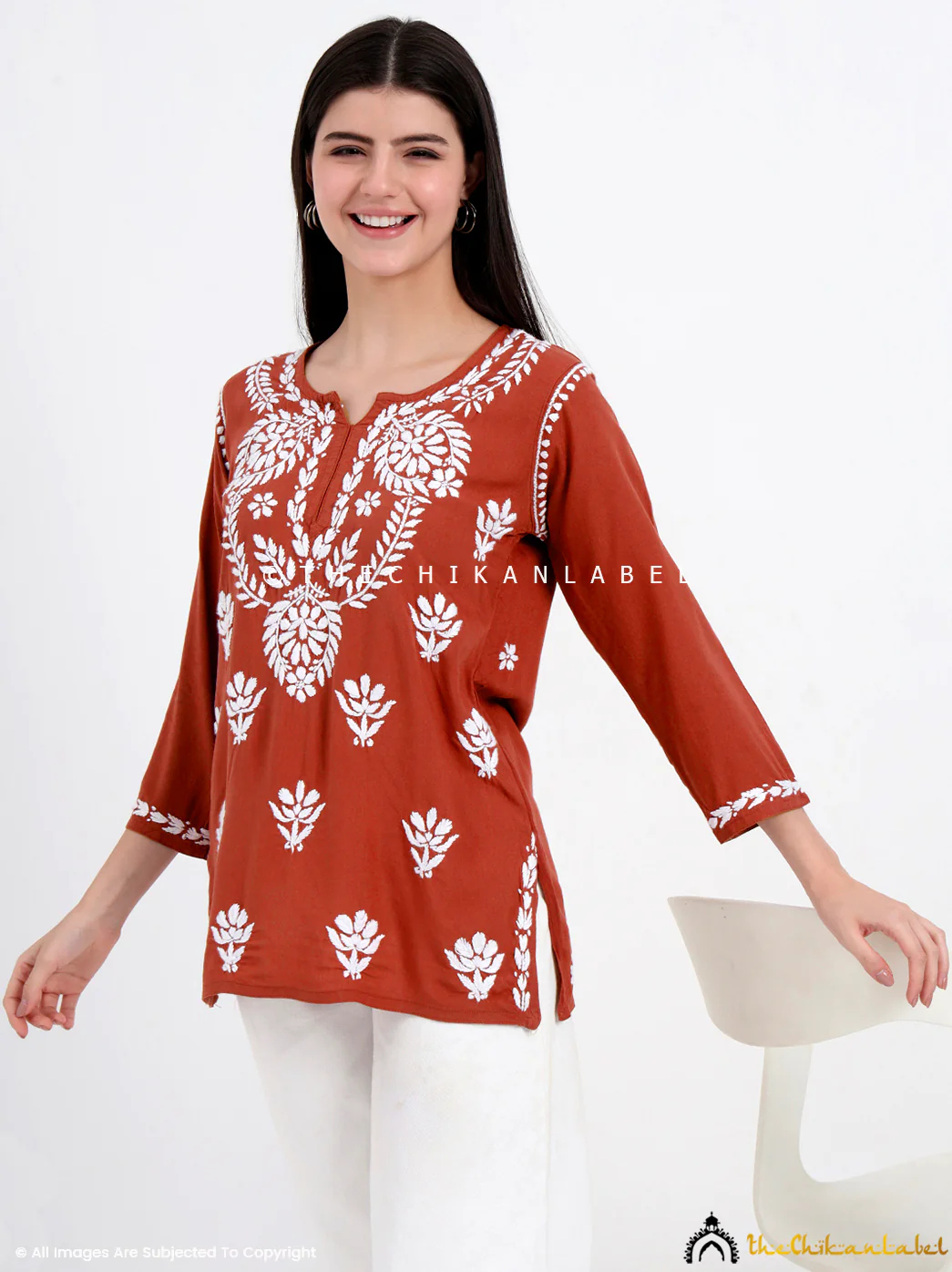Chahat Rayon Chikankari Short Top - Coral - Image 6