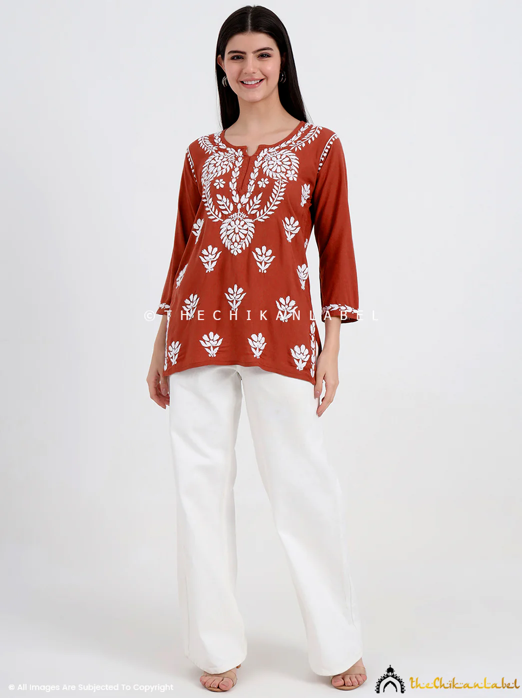 Chahat Rayon Chikankari Short Top - Coral - Image 7