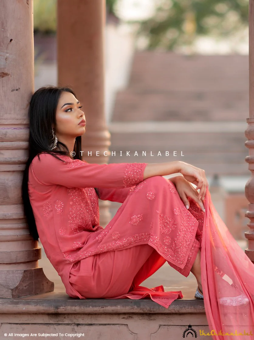 Coral Liyana Viscose Chikankari Straight Kurta Set with Dupatta - Image 2