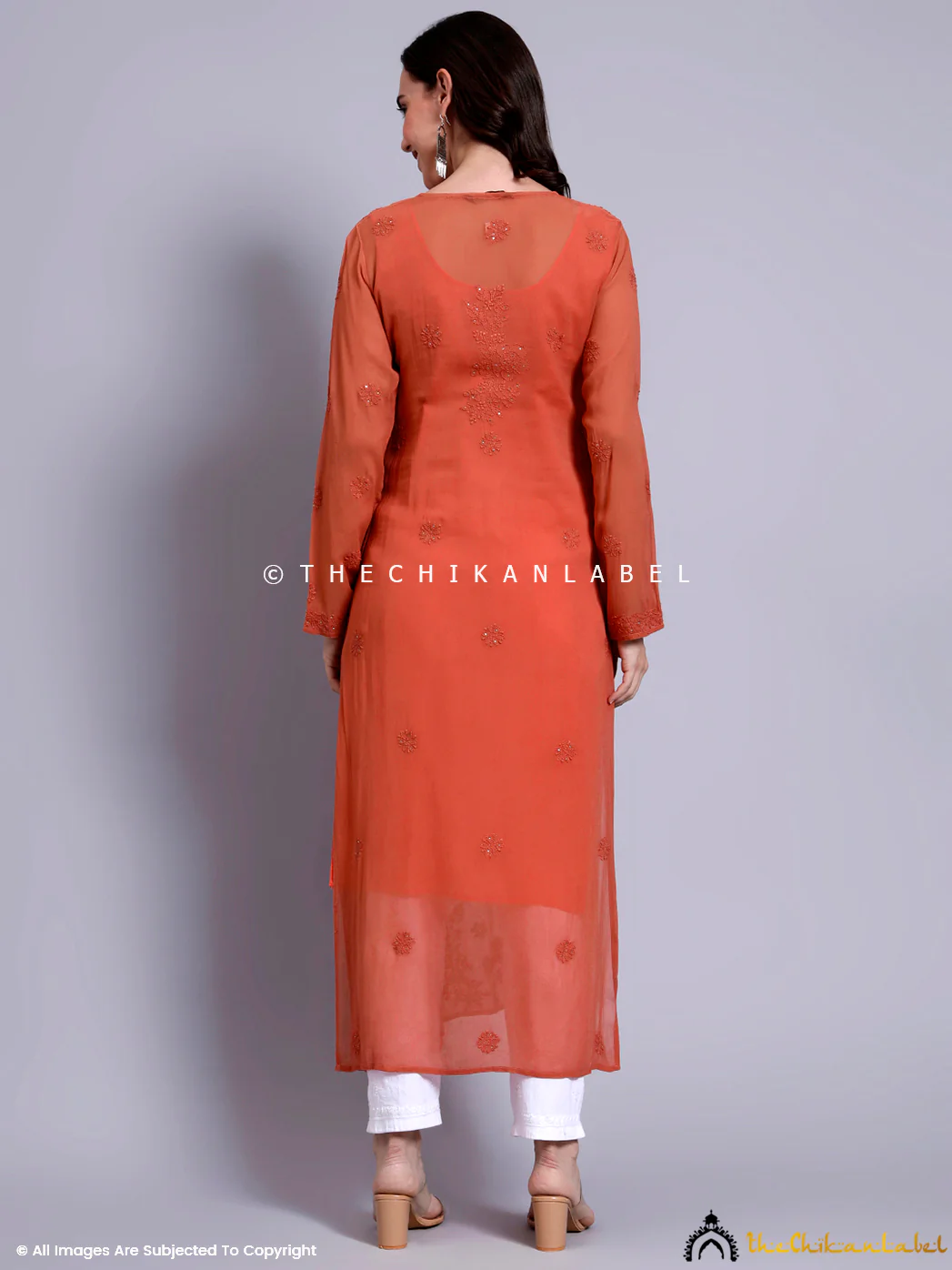 Meiraa Viscose Chikankari Straight Kurti - Coral - Image 3