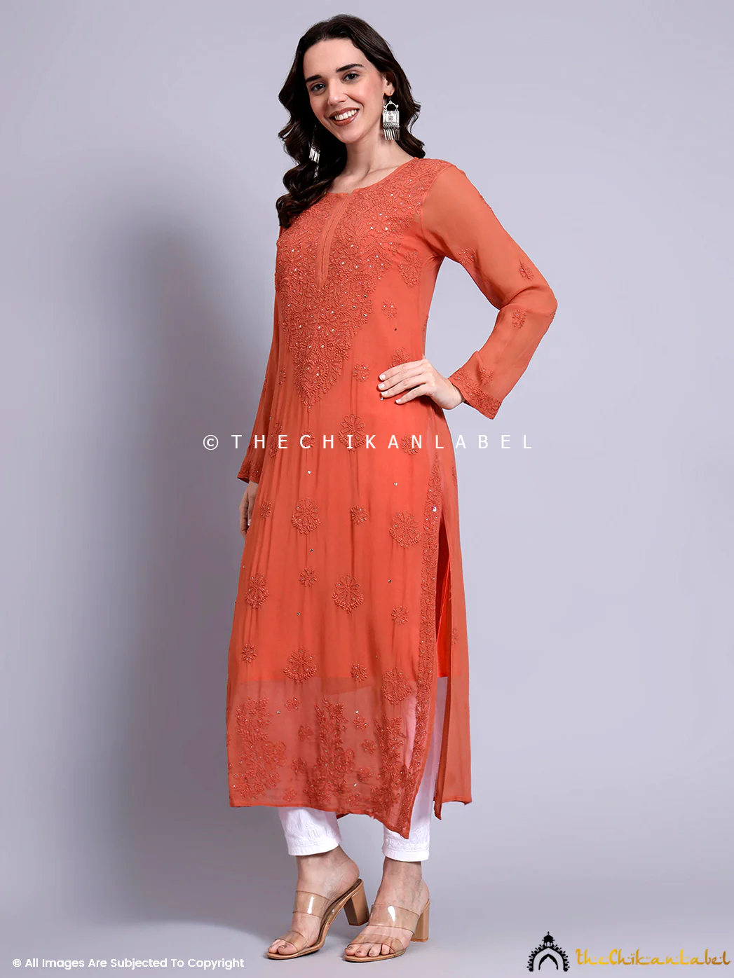 Meiraa Viscose Chikankari Straight Kurti - Coral - Image 4