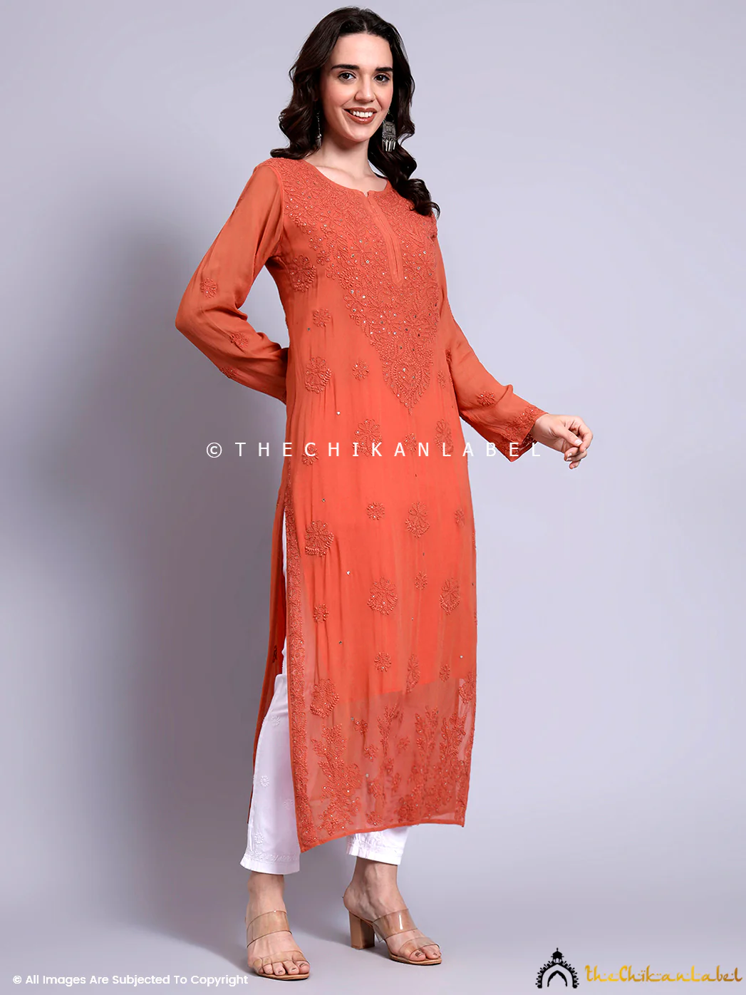 Meiraa Viscose Chikankari Straight Kurti - Coral - Image 5