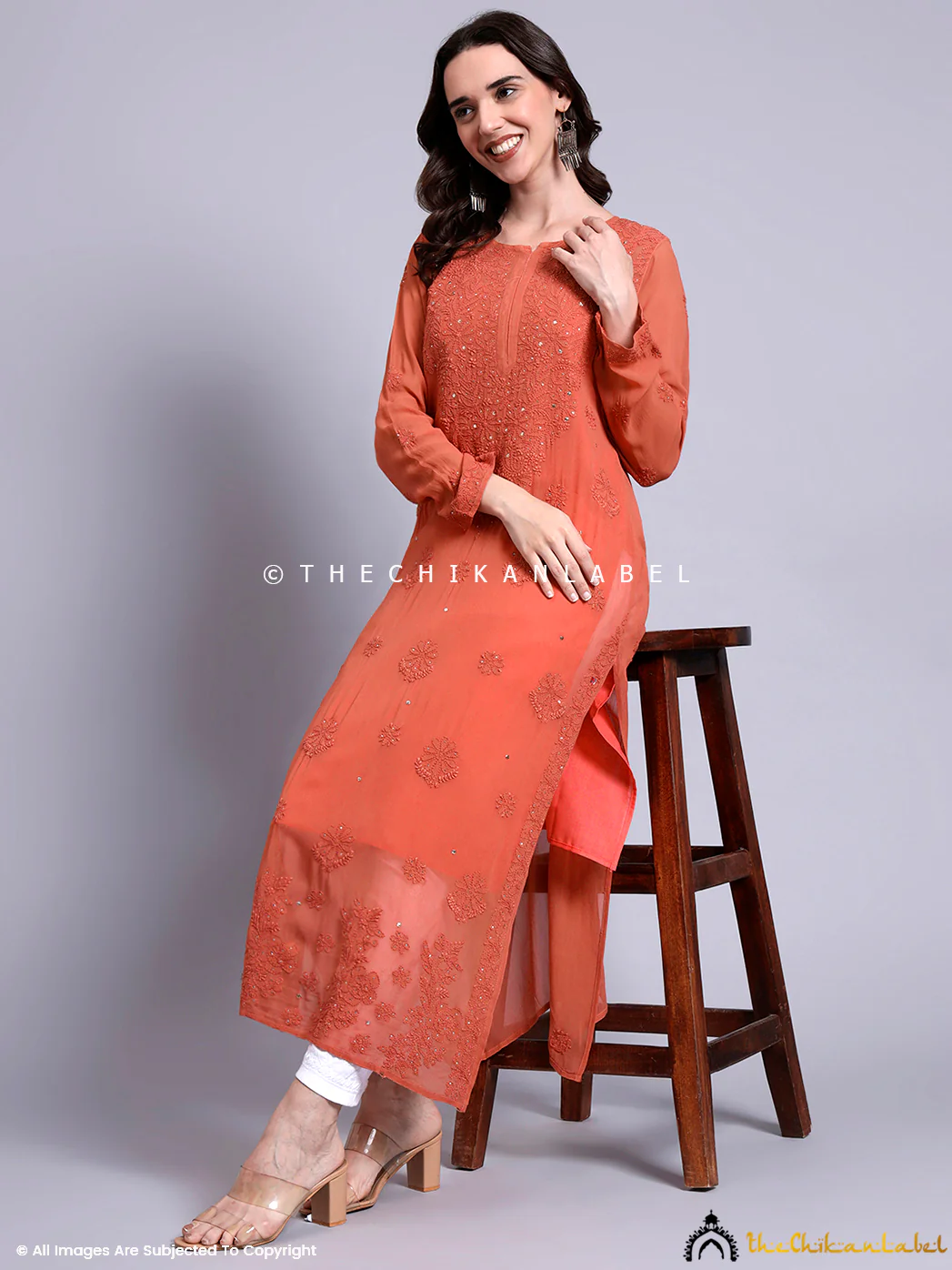 Meiraa Viscose Chikankari Straight Kurti - Coral - Image 6