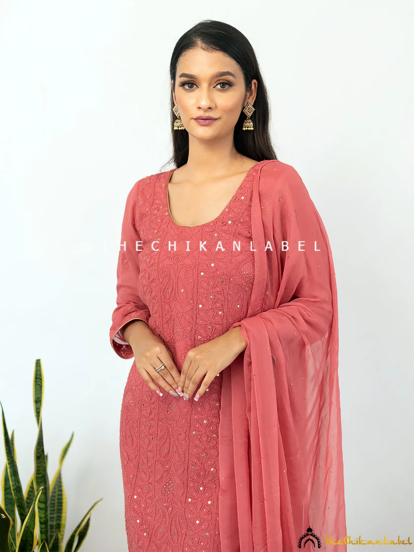 Coral Mohini Viscose Chikankari Straight Kurta Set with Dupatta - Image 2