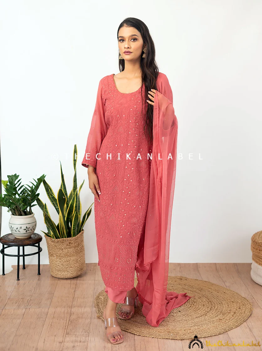 Coral Mohini Viscose Chikankari Straight Kurta Set with Dupatta - Image 3