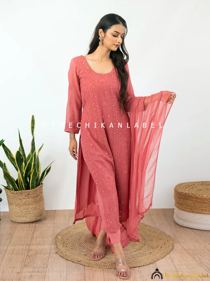Coral Mohini Viscose Chikankari Straight Kurta Set with Dupatta - Image 4