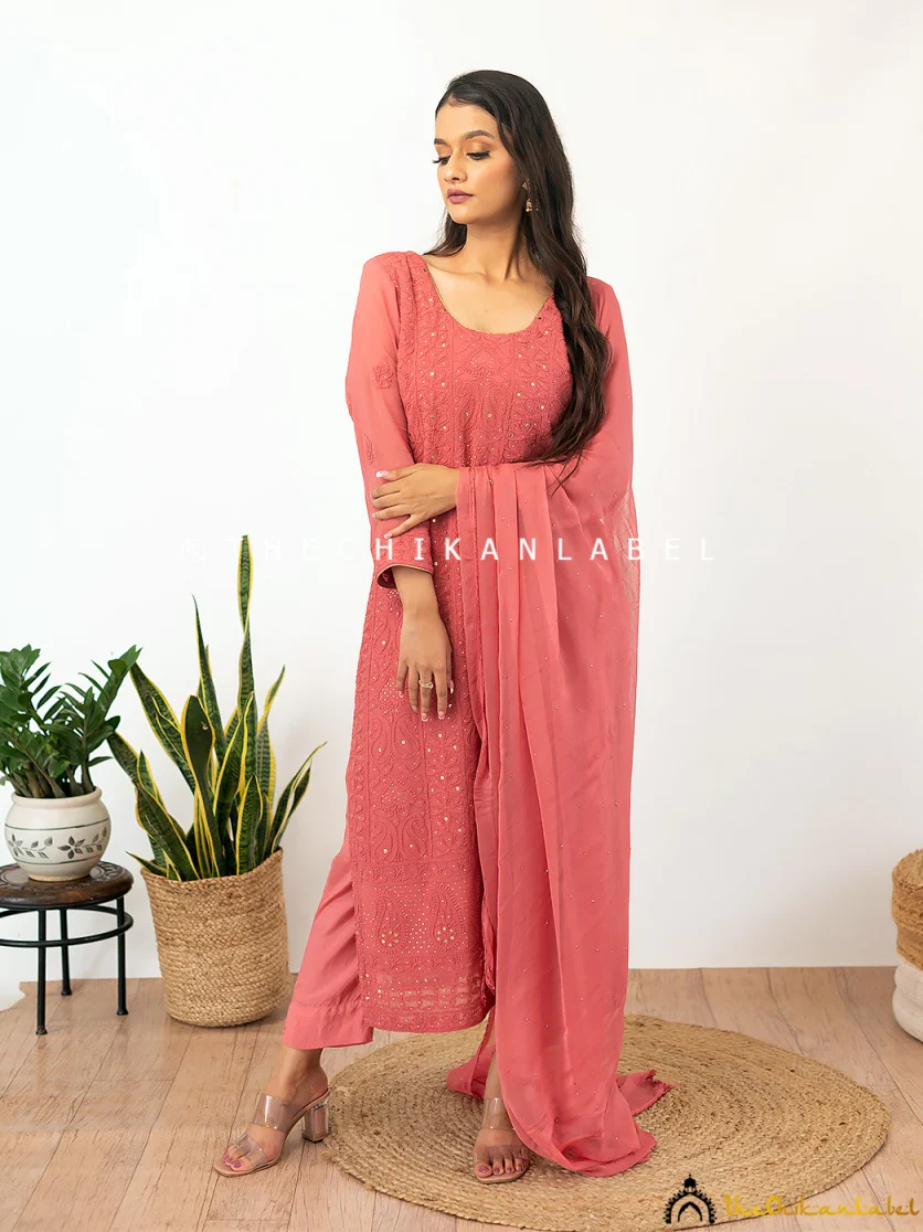 Coral Mohini Viscose Chikankari Straight Kurta Set with Dupatta - Image 5