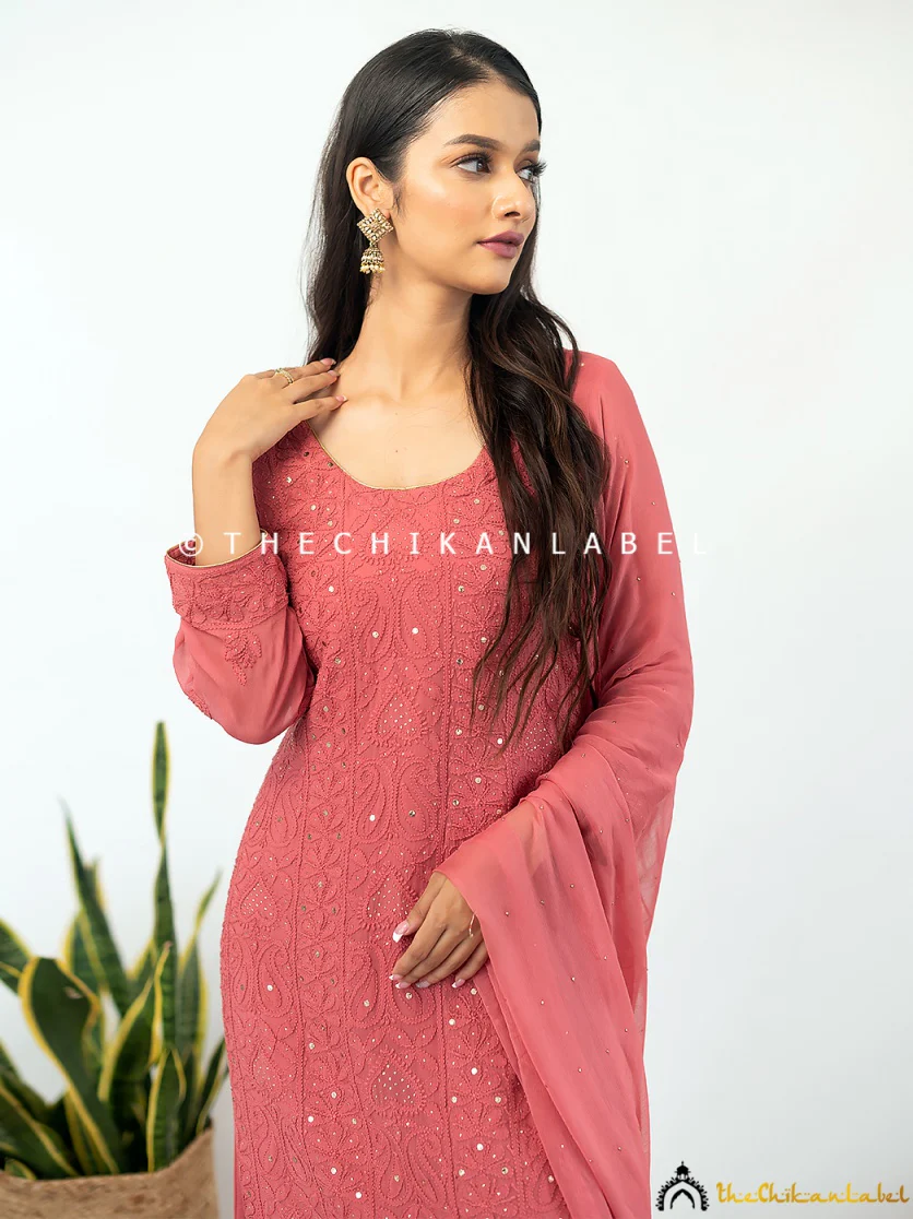 Coral Mohini Viscose Chikankari Straight Kurta Set with Dupatta - Image 6
