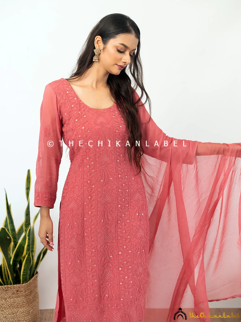 Coral Mohini Viscose Chikankari Straight Kurta Set with Dupatta - Image 7