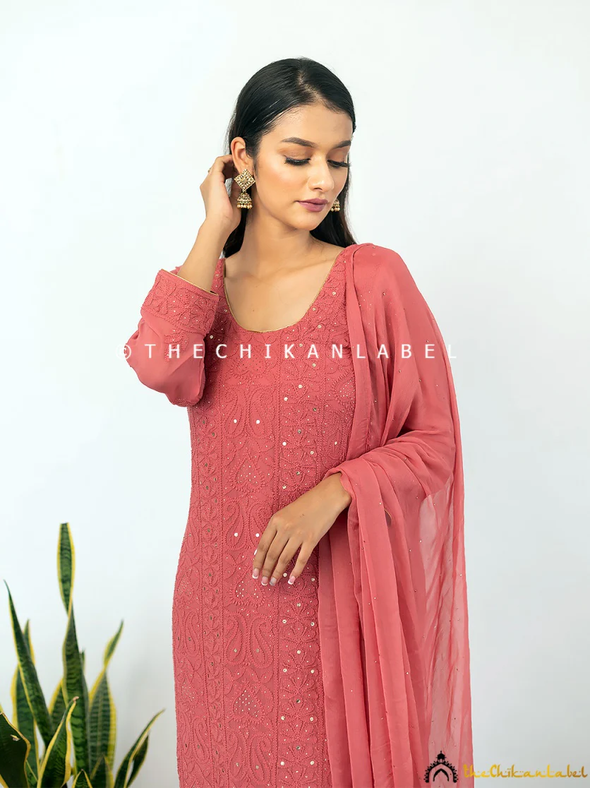 Coral Mohini Viscose Chikankari Straight Kurta Set with Dupatta - Image 8