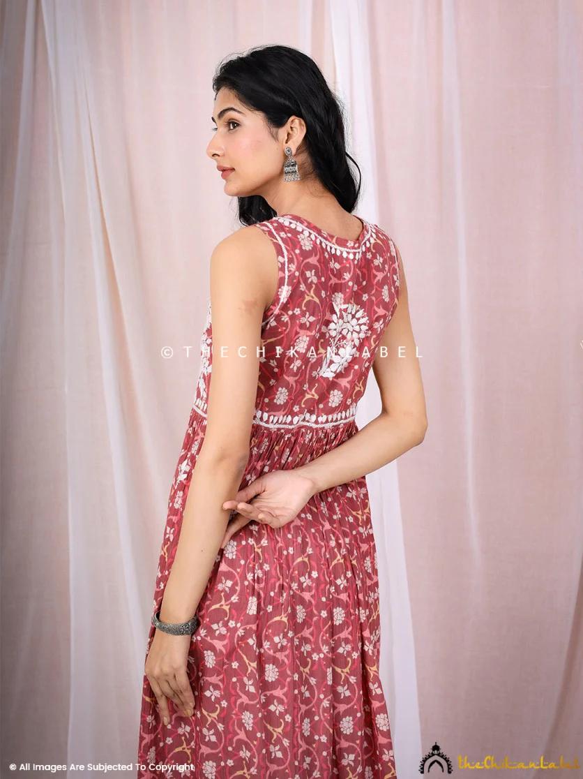 Rahila Mulmul Printed Sleeveless A-Line Kurti - Coral - Image 6