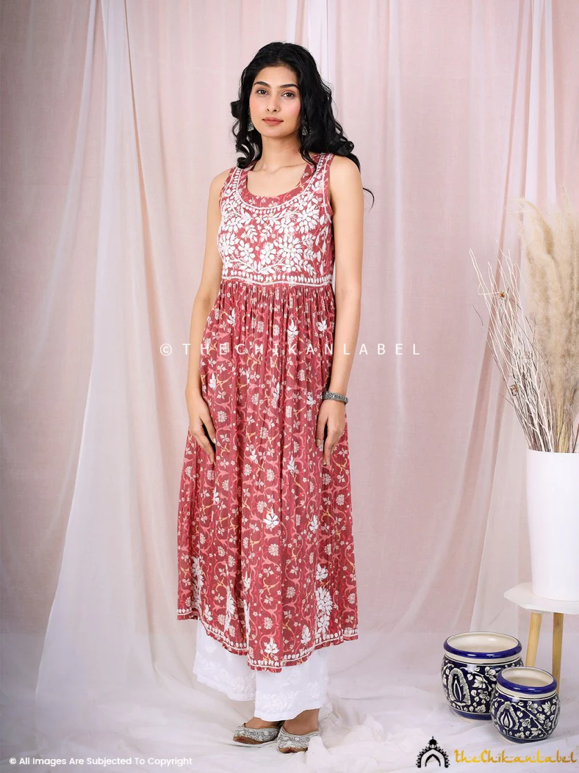 Rahila Mulmul Printed Sleeveless A-Line Kurti - Coral - Image 7