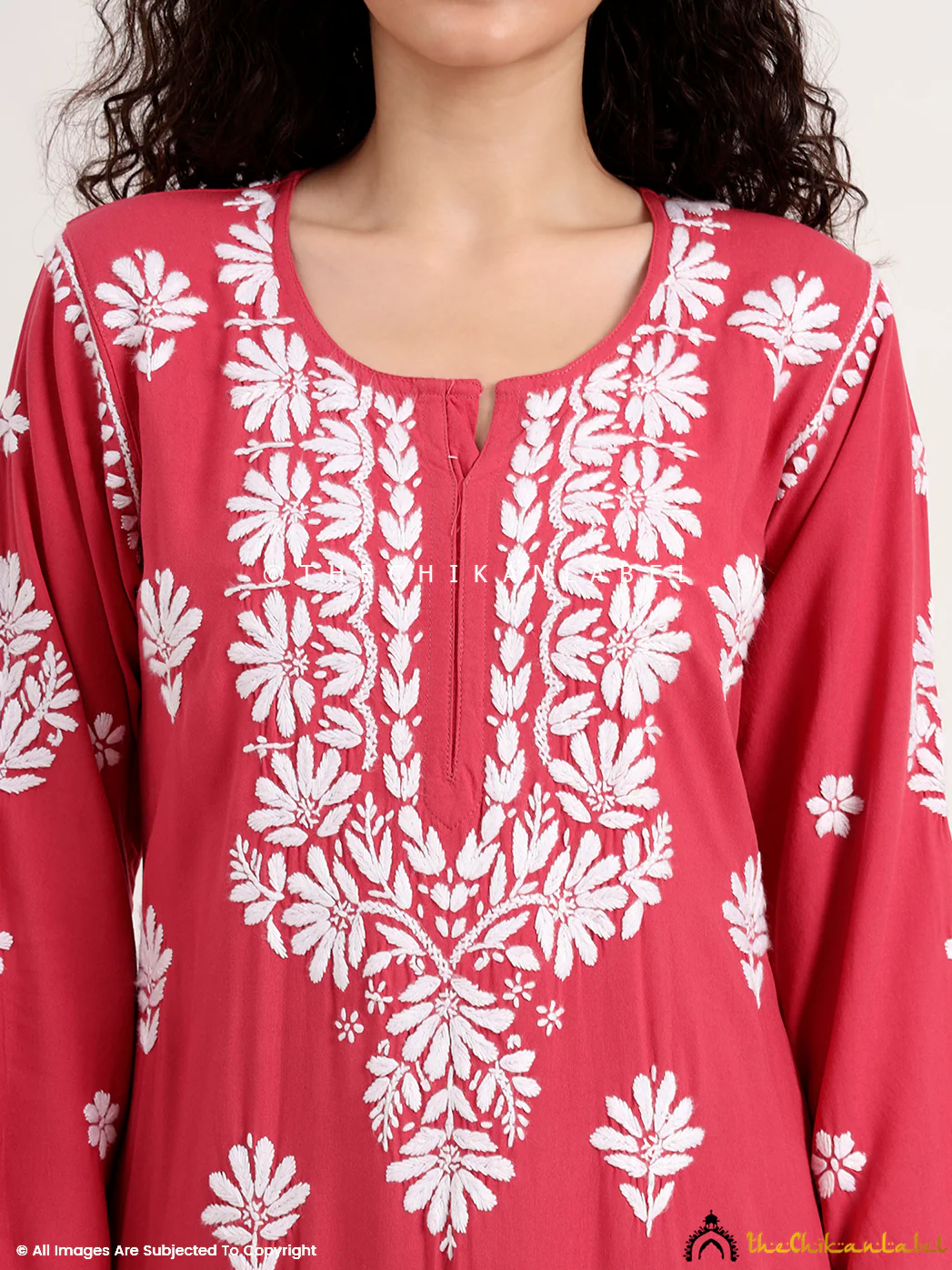 Saira Rayon Straight Chikankari Kurti - Coral - Image 2