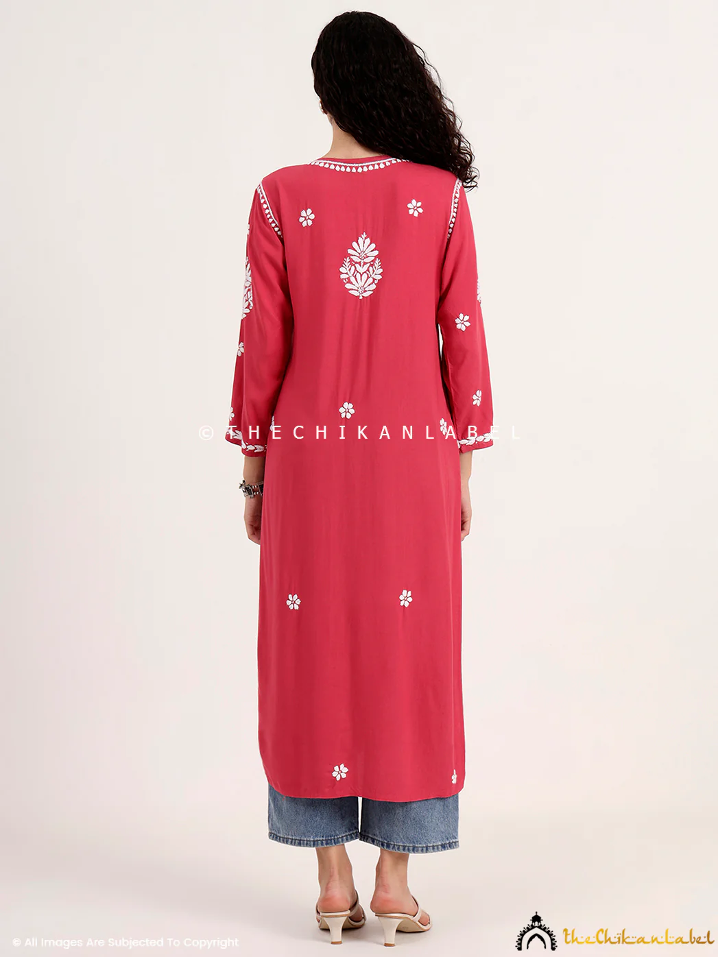 Saira Rayon Straight Chikankari Kurti - Coral - Image 3