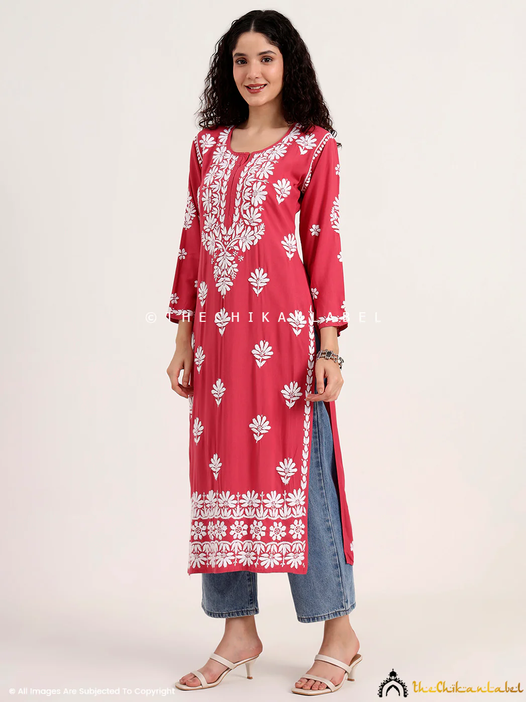 Saira Rayon Straight Chikankari Kurti - Coral - Image 4