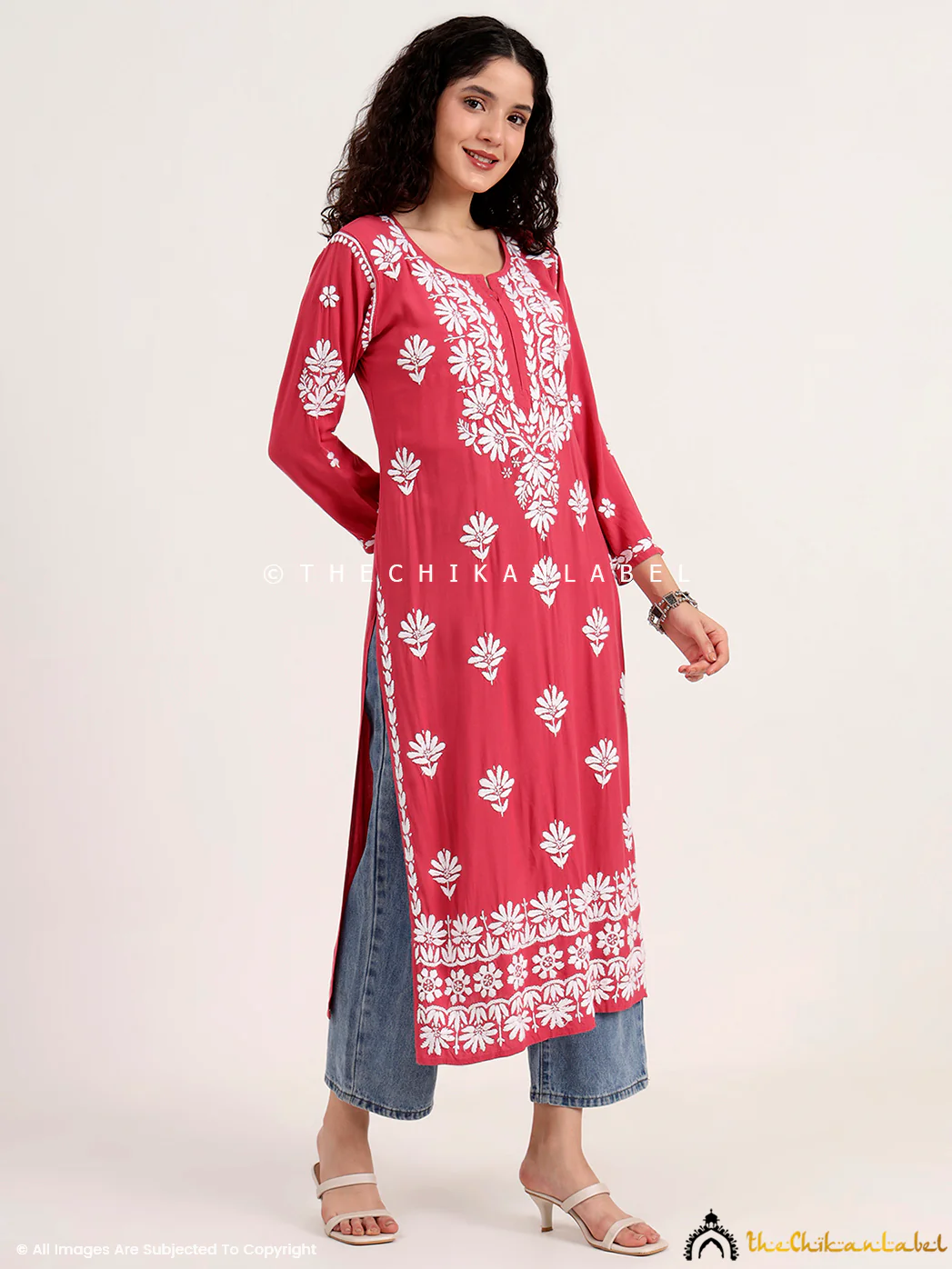 Saira Rayon Straight Chikankari Kurti - Coral - Image 5