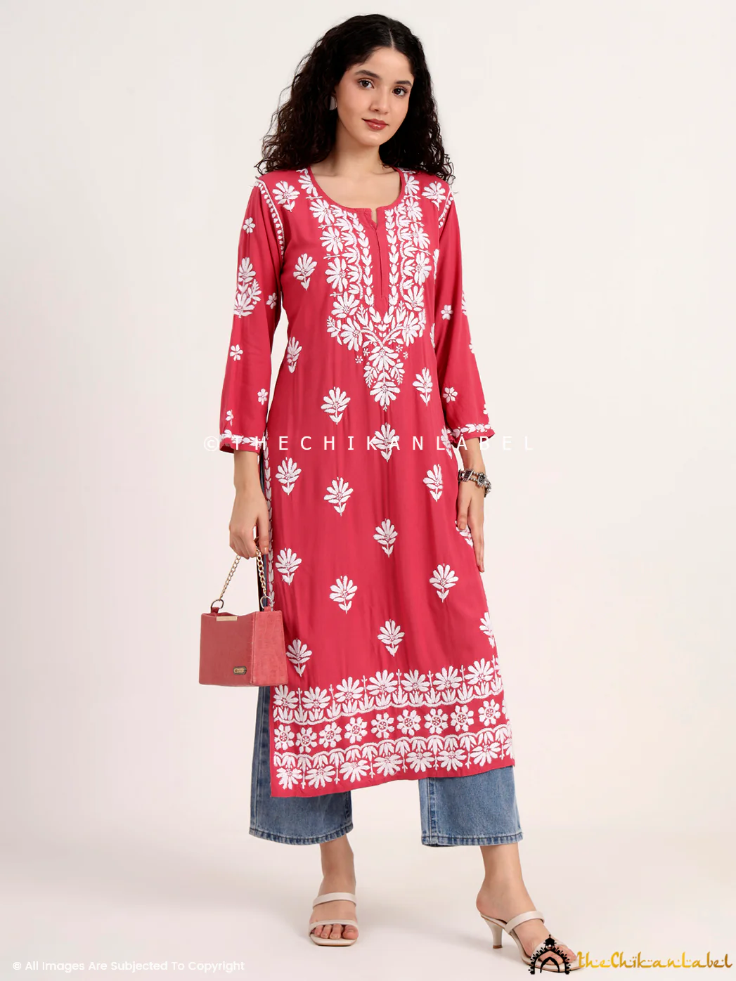 Saira Rayon Straight Chikankari Kurti - Coral - Image 6