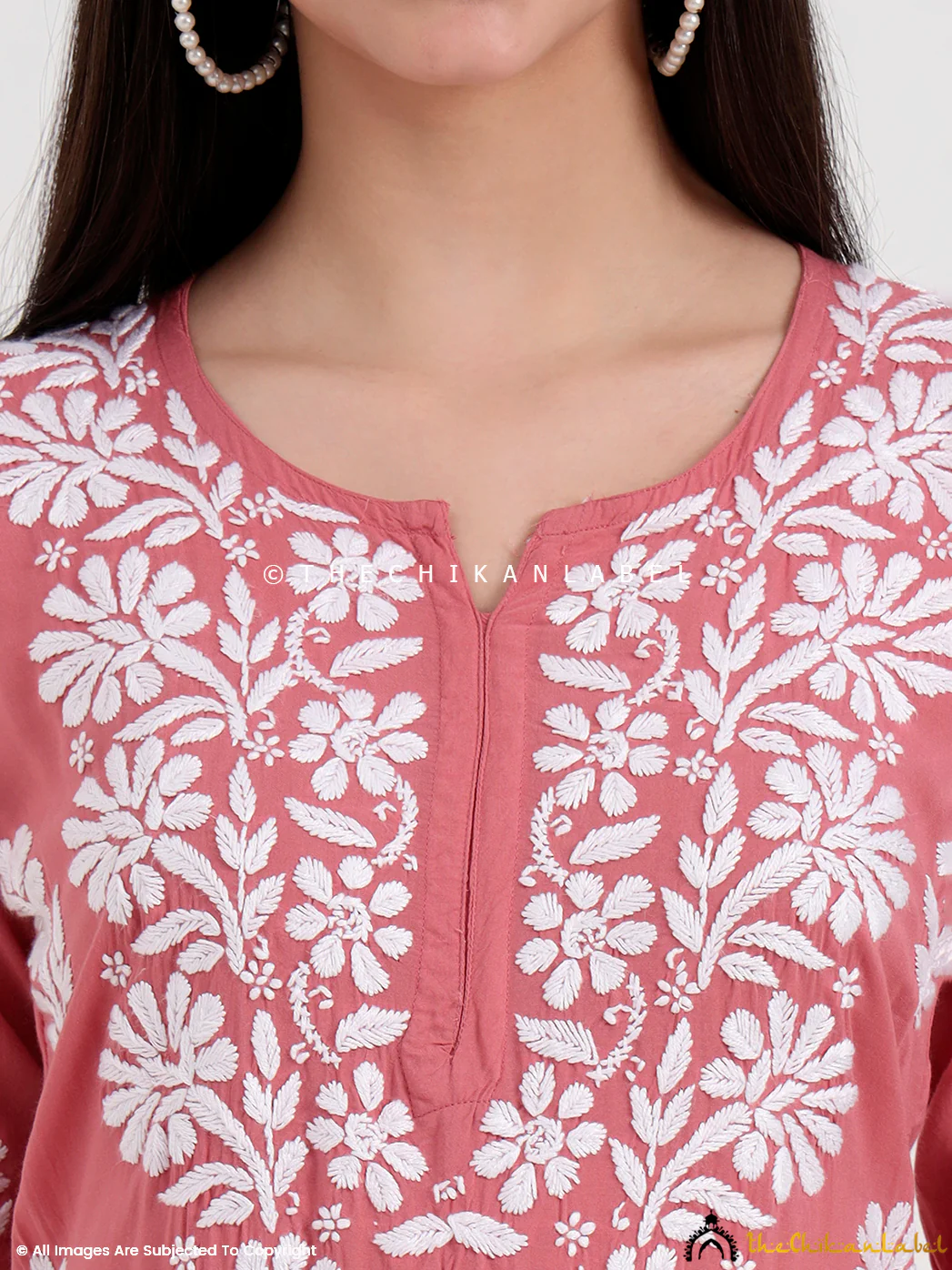 Tazmeen Modal Chikankari Kurti Palazzo Set - Coral - Image 2