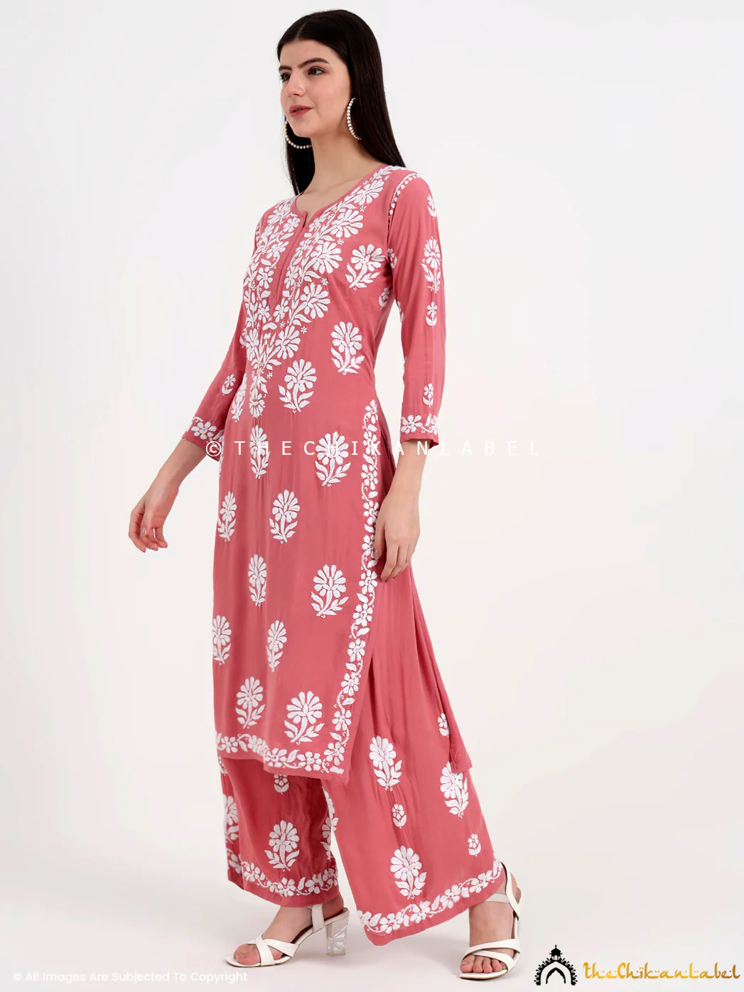 Tazmeen Modal Chikankari Kurti Palazzo Set - Coral - Image 3
