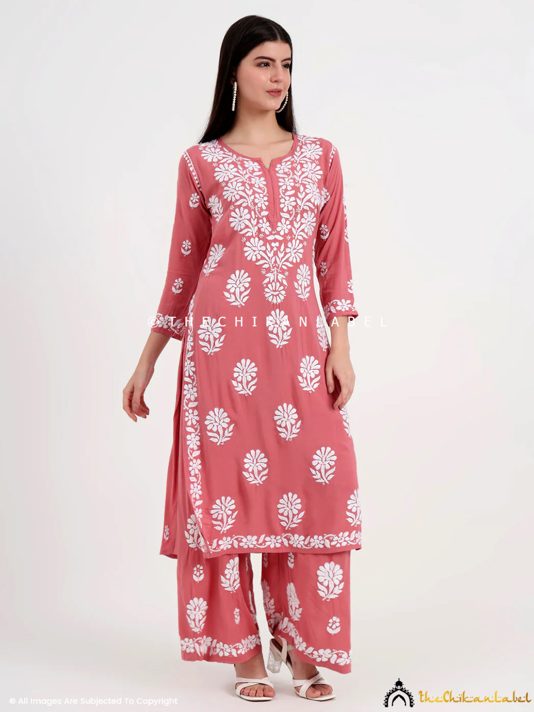Tazmeen Modal Chikankari Kurti Palazzo Set - Coral - Image 4