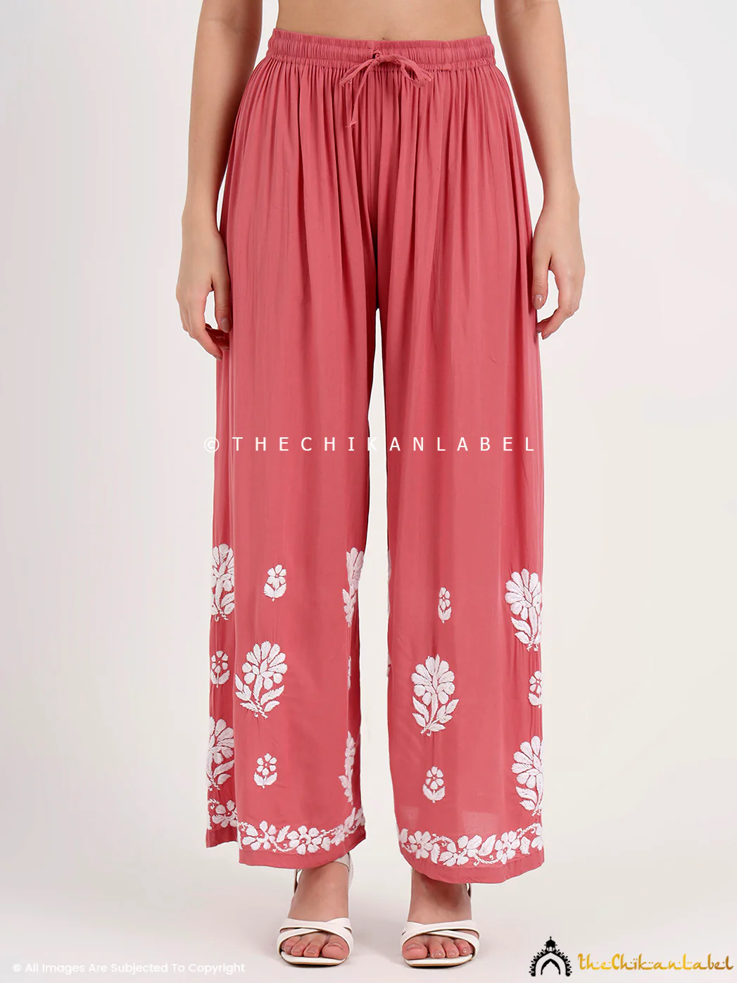 Tazmeen Modal Chikankari Kurti Palazzo Set - Coral - Image 5