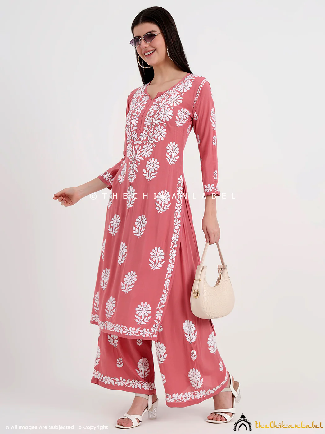 Tazmeen Modal Chikankari Kurti Palazzo Set - Coral - Image 6