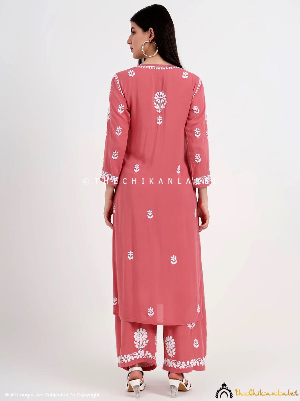 Tazmeen Modal Chikankari Kurti Palazzo Set - Coral - Image 7