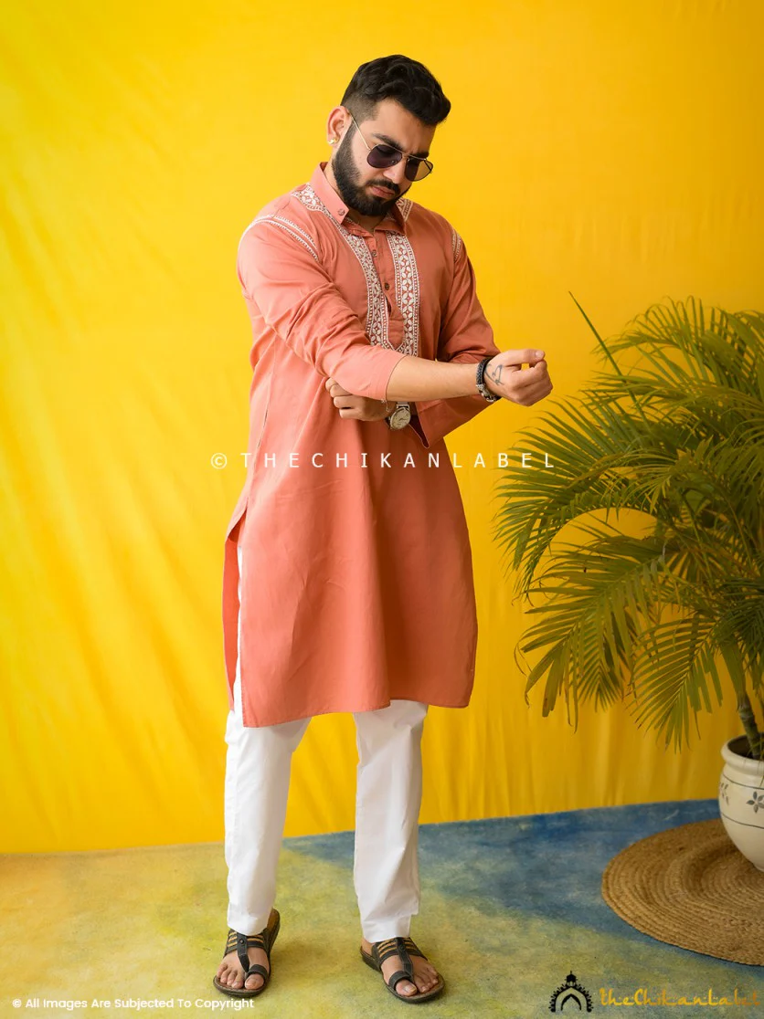 Coral Uman Cotton Chikankari Men's Kurta - Image 10