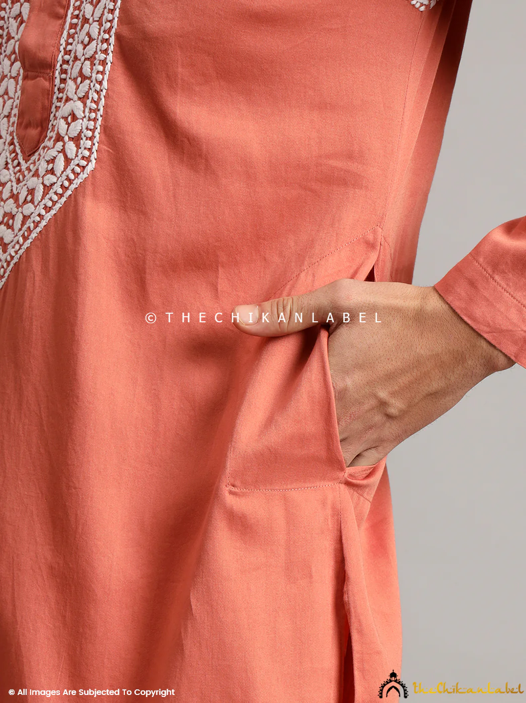 Coral Uman Cotton Chikankari Men's Kurta - Image 4