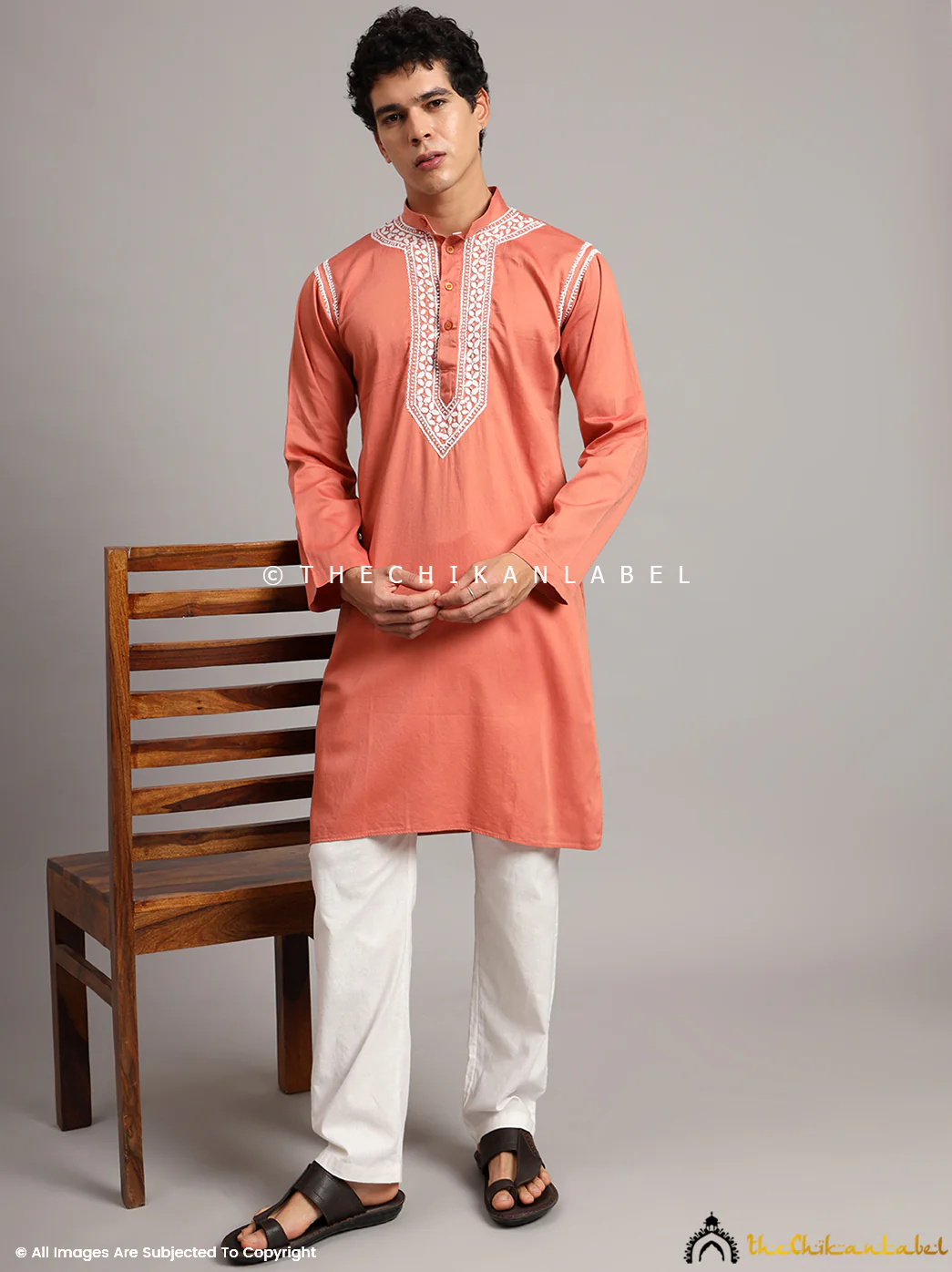 Coral Uman Cotton Chikankari Men's Kurta - Image 5
