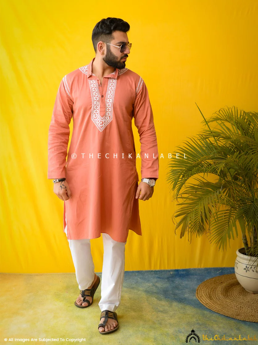Coral Uman Cotton Chikankari Men's Kurta - Image 8