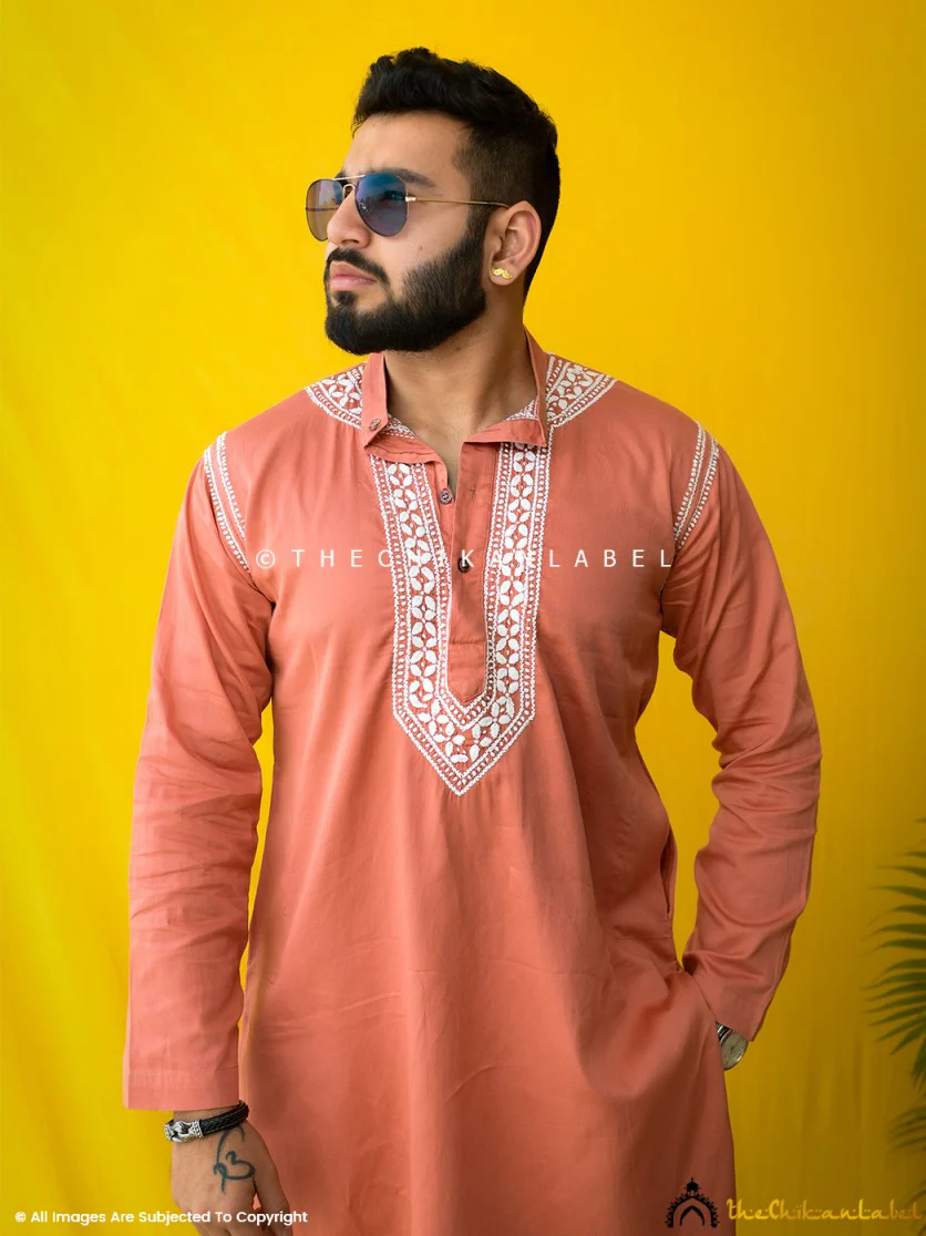 Coral Uman Cotton Chikankari Men's Kurta - Image 9